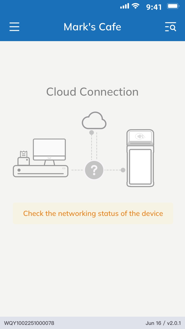 CodePay Register Application install and setting, set the connection mode to 'Cloud', graphic effect when network failure occurs