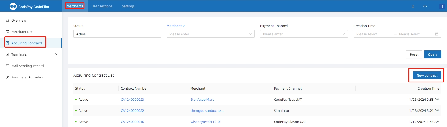 Log in to the ISV platform and click on 'Merchants ->Acquiring Contracts ->New Acquiring Contract'