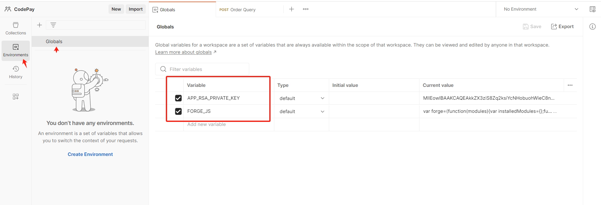 Import the globals variable file Gateway-api.postman_globals.json to Postman